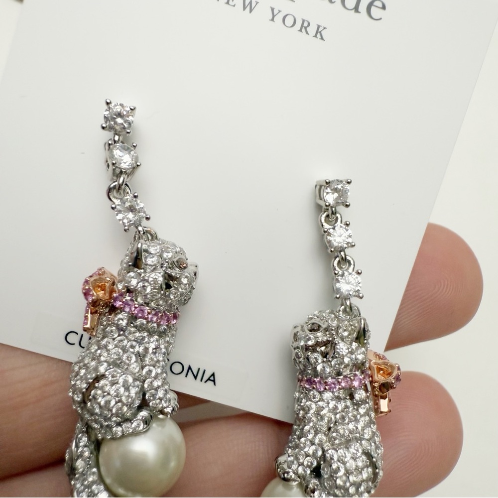 Kate Spade Pawlina Cat with Pink Bow Rhinestone Faux Pearl Linear Earrings NEW - Picture 7 of 8
